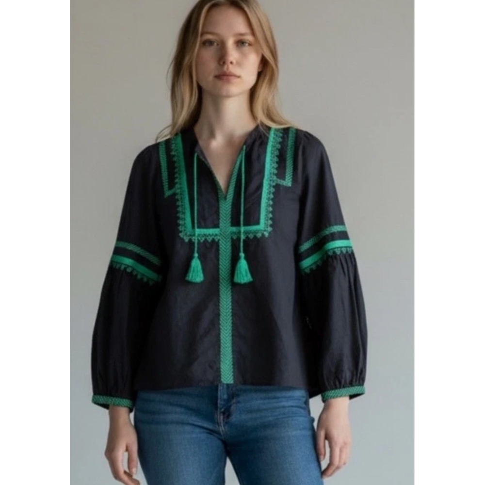 J.Crew Embroidered Boho Peasant Tassel Top‎ Sz 8 Linen Cotton Navy Blue Green
